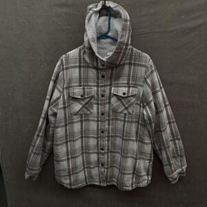 Asvivid Jacket Womens XL Gray Plaid Hooded Sherpa Lined Shacket Button Front